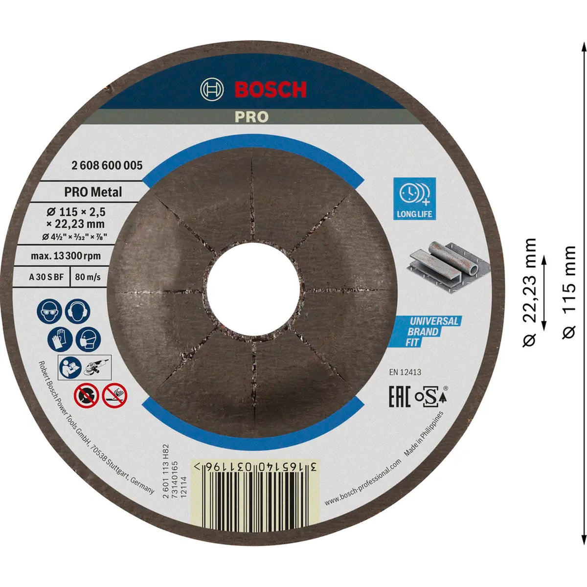 BOSCH PRO Metal Bonded Cutting Disc, 115 x 2.5 x 22.23 mm, With Depressed Centre, oSa 2608600005