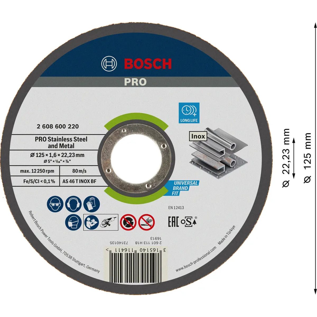 BOSCH PRO Stainless Steel and Metal Bonded Cutting Disc, 125 x 1.6 x 22.23 mm, Straight, oSa 2608600220