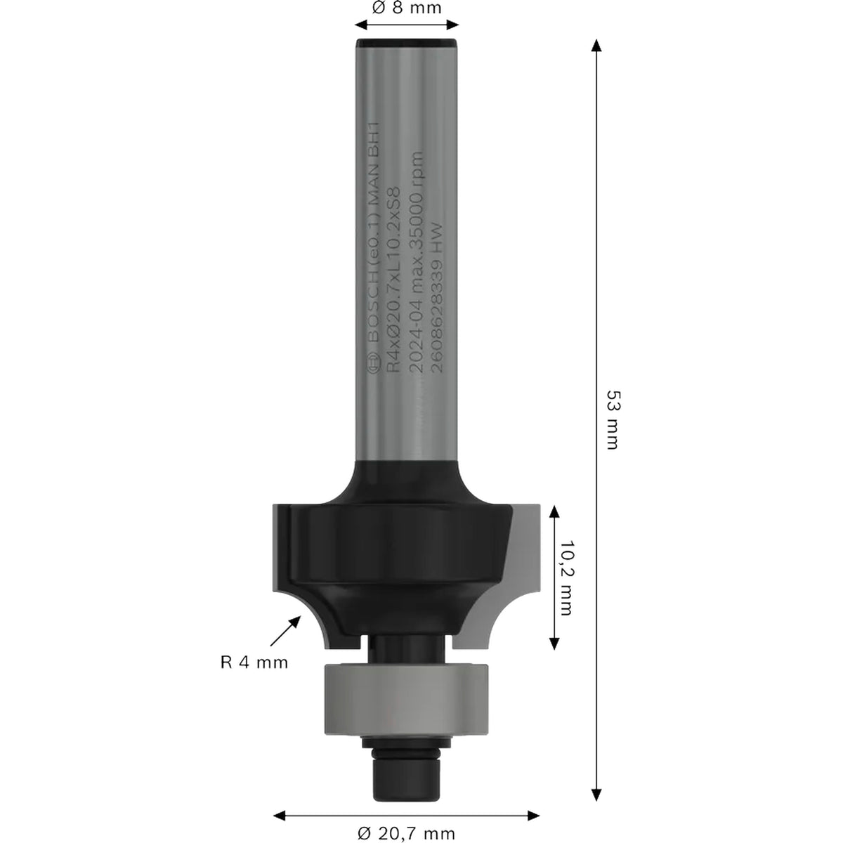 BOSCH PRO Router Bit Rounding Over, R 4, Shank 8 mm 2608628339
