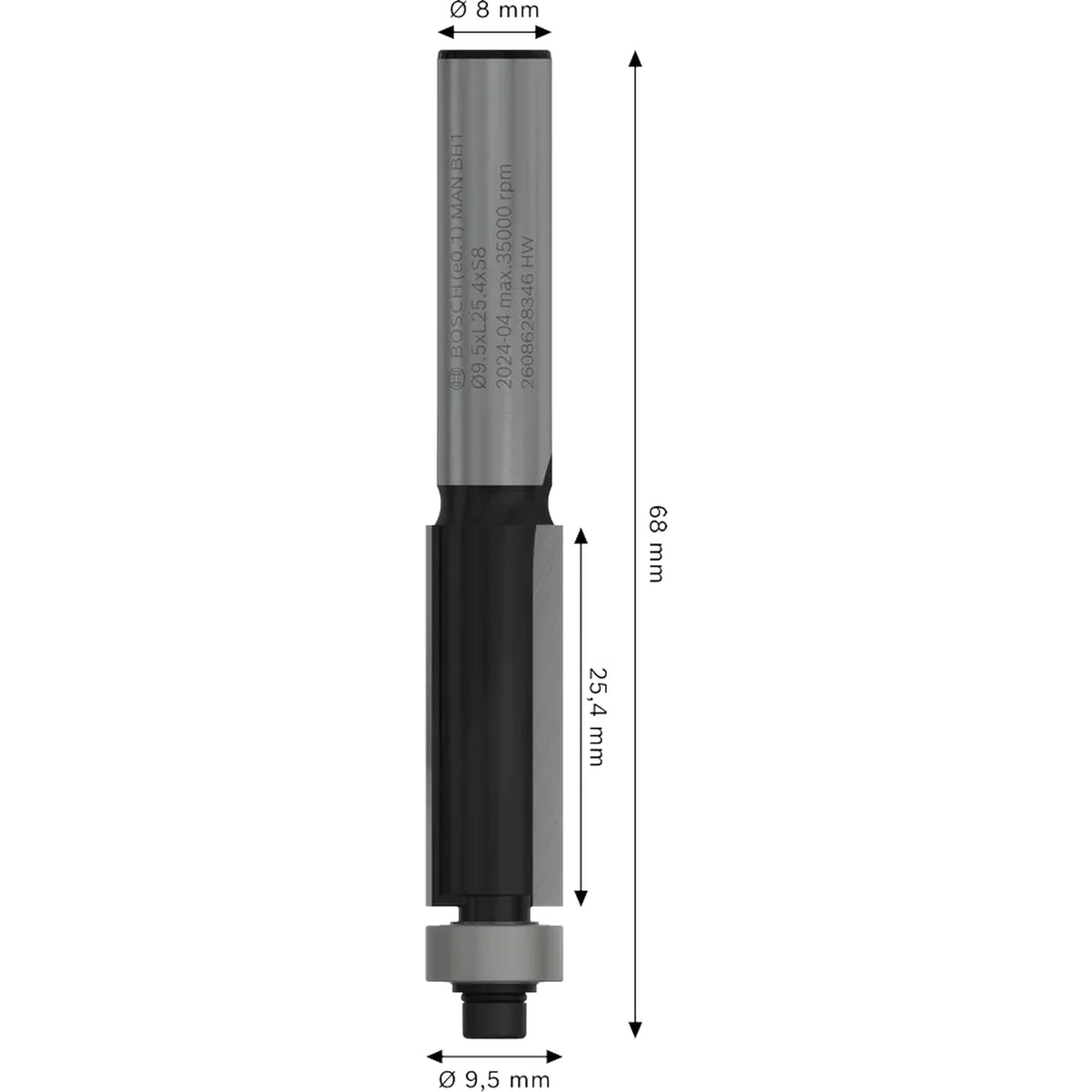 BOSCH PRO Router Bit Bottom Bearing Flush Trim, Ø 9.5 x L 25.4, Shank 8 mm 2608628346
