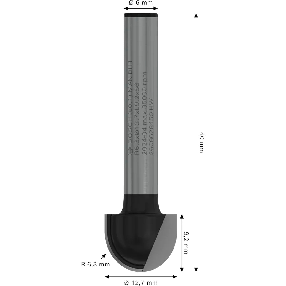 BOSCH PRO Router Bit Core Box, R 6.3, Shank 6 mm 2608628450