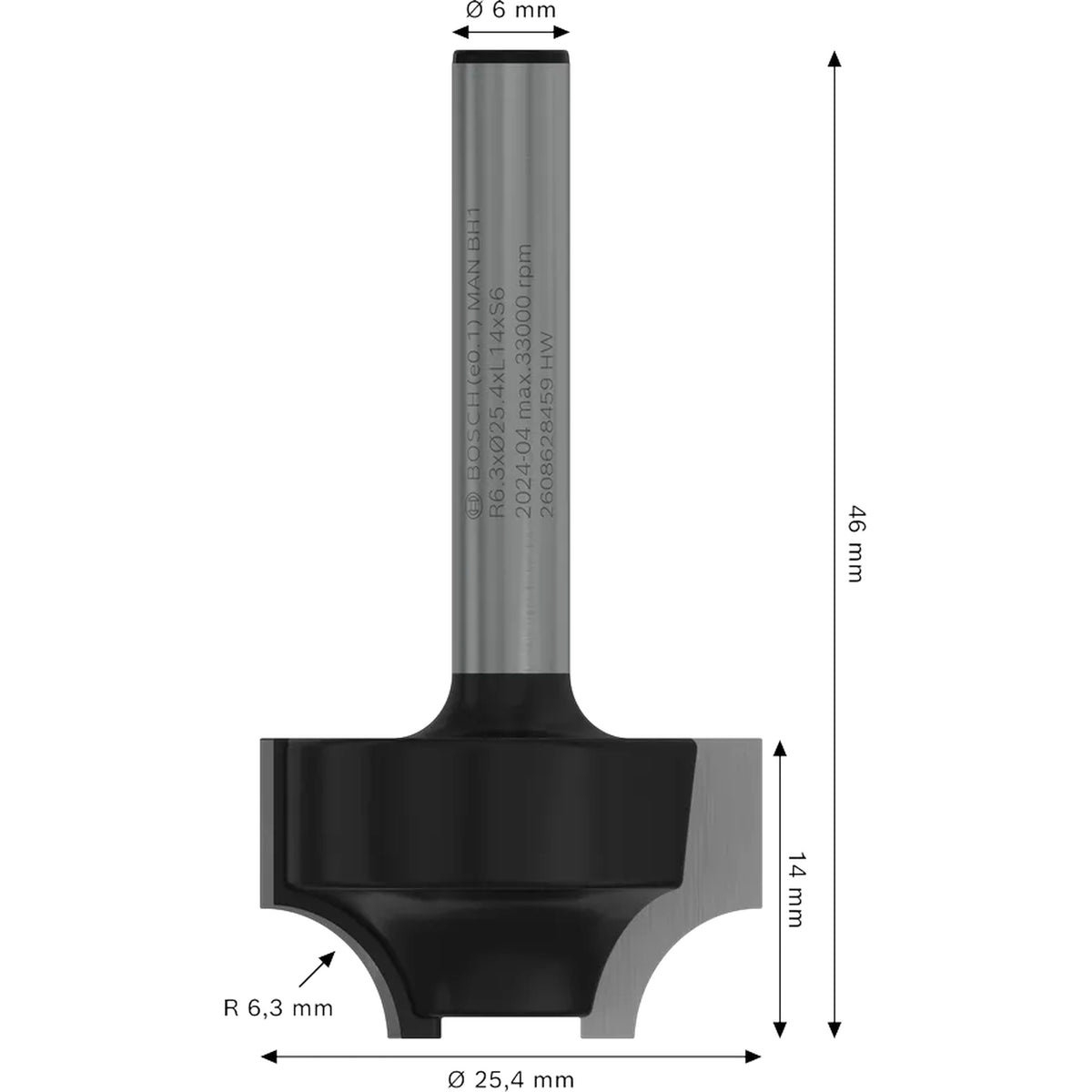 BOSCH PRO Router Bit Ovolo, R 6.3, Shank 6 mm 2608628459