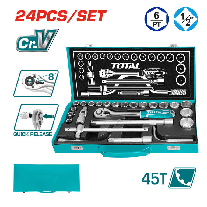 TOTAL THT141253 24PCS 1/2" SOCKET SET | طقم لقم نصف بوصه سيستيم 24 قطعه خدمة شاقه في شنطة معدن