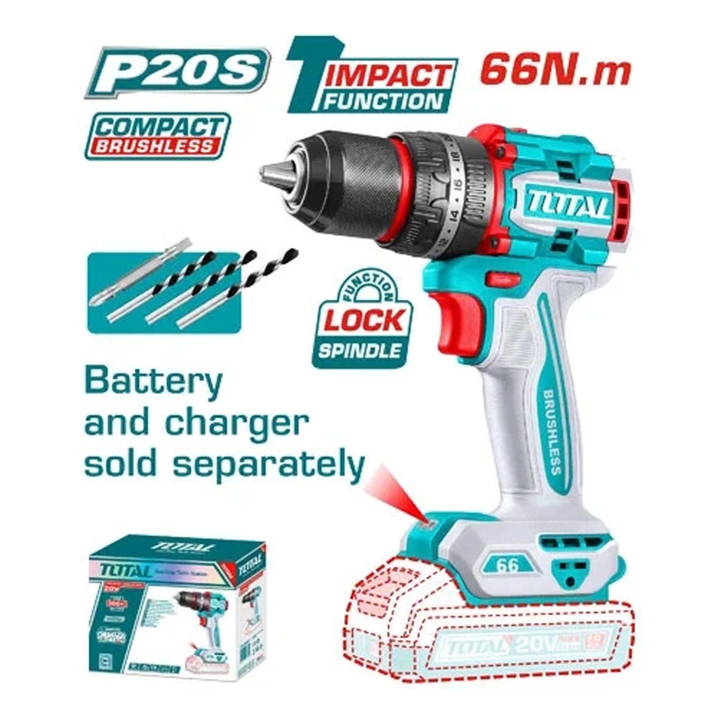 TOTAL TIDLI206681 Compact Brushless Cordless Impact Drill 20V 2A 66Nm without battery or charger