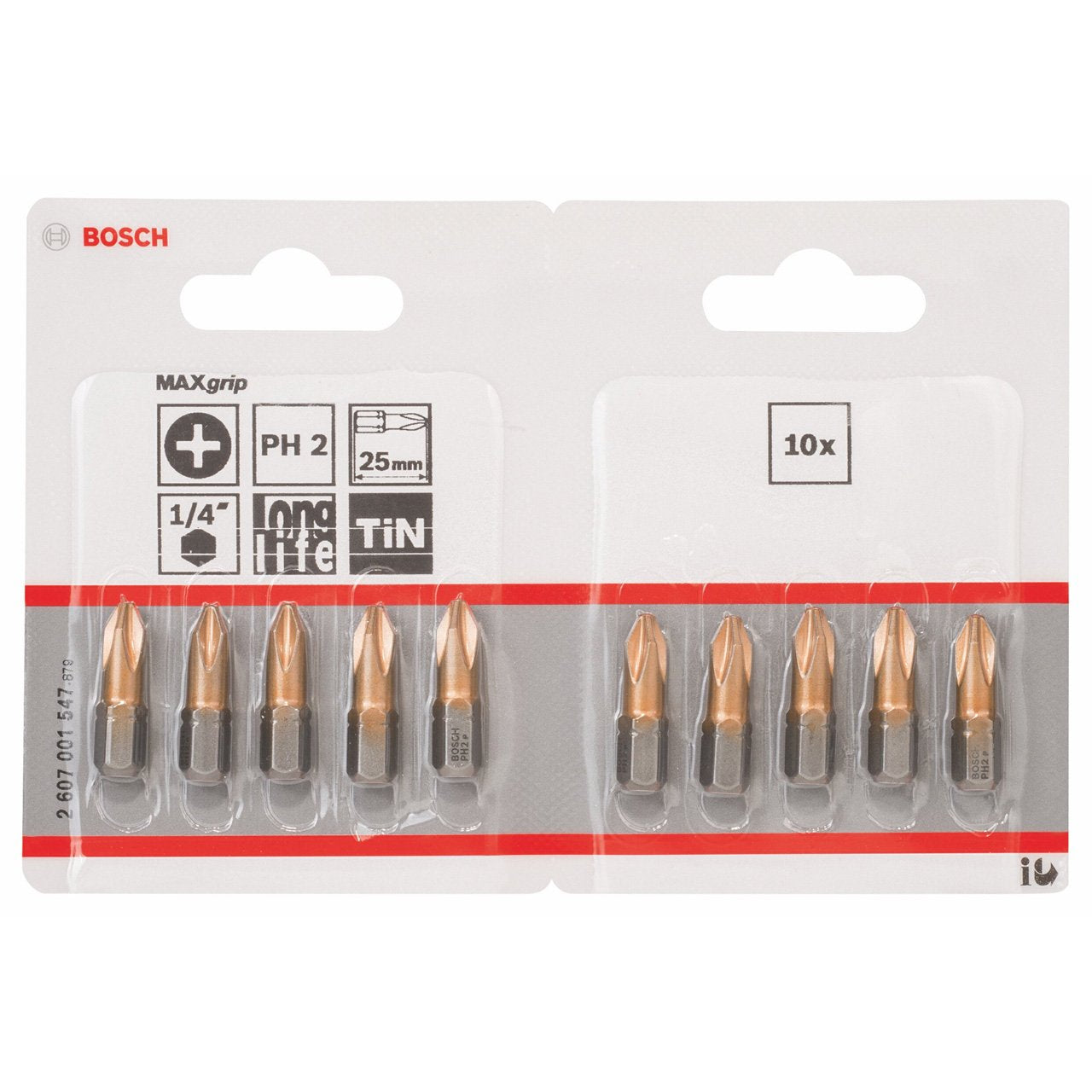 BOSCH Pack of 10 screwdriver bits PH2-25 Max Grip Tin 2607001547