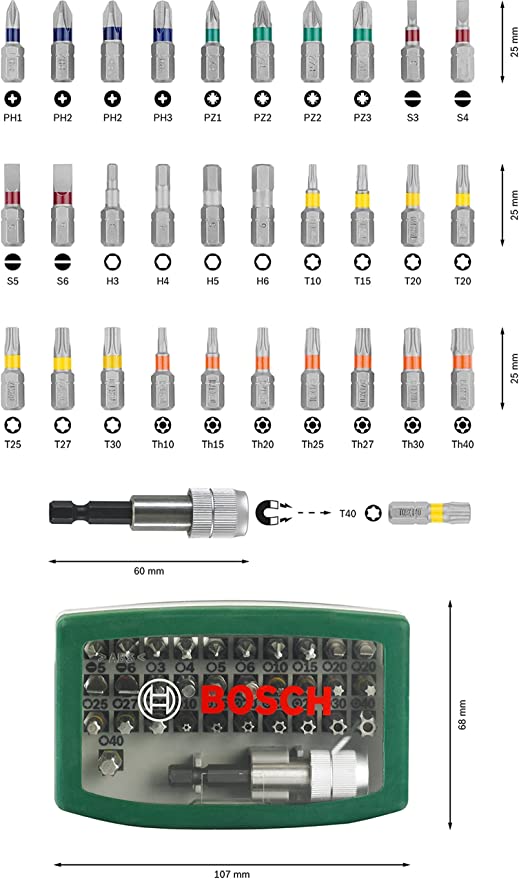 BOSCH 2607017063 Screwdriver bits, Set of 32 Pieces طقم سنون مفك 32 قطعه من بوش
