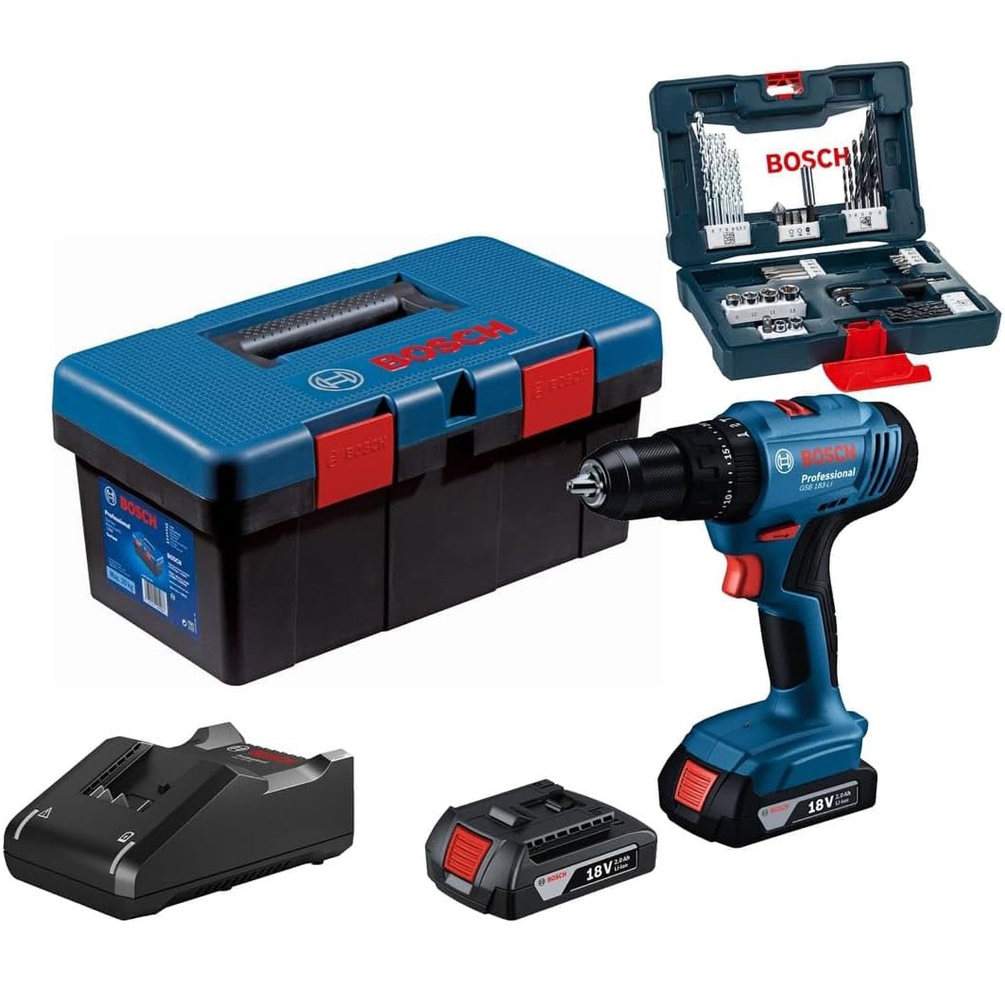 BOSCH GSB 183-LI Professional Cordless Impact drill/driver with 2 batteries 18V 2A 56 Nm with accessories 06019K91K2
