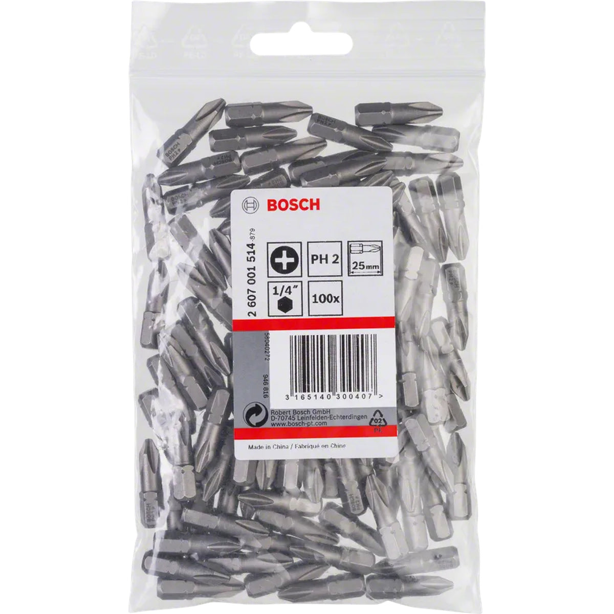 BOSCH Extra Hard PH Screwdriver Bit, PH2, 25 mm, 100 pcs 2607001514