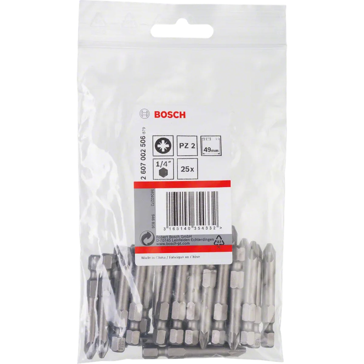 BOSCH Extra Hard PZ Screwdriver Bit, PZ2, 50 mm, 25 pcs 2607002506