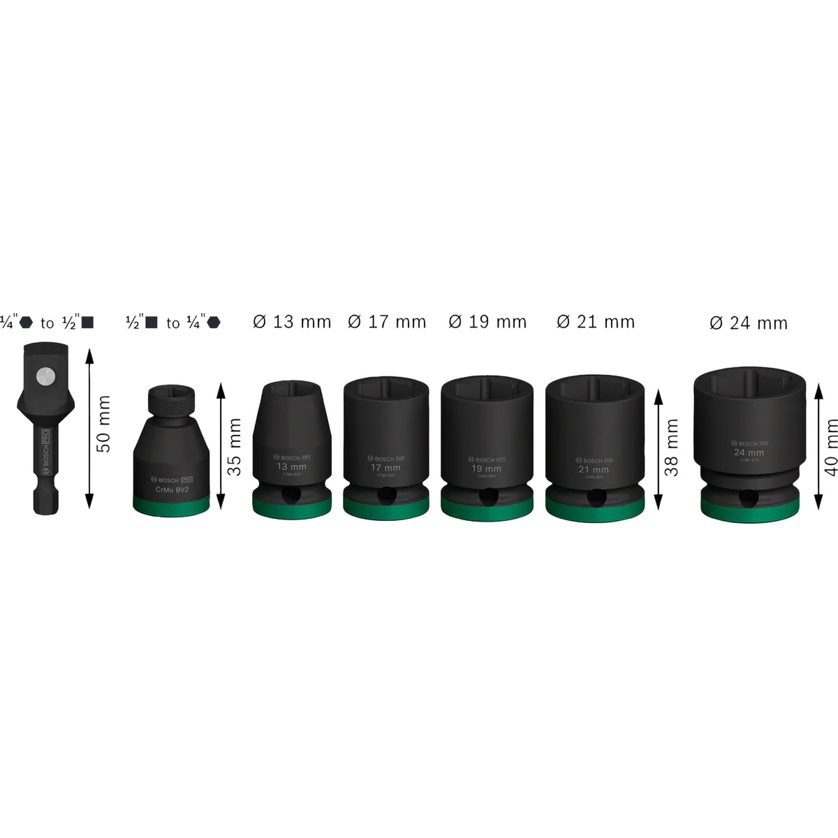 BOSCH PRO Impact Socket Set, with Adapter, 1/2", Standard, 7 pcs 2608003032