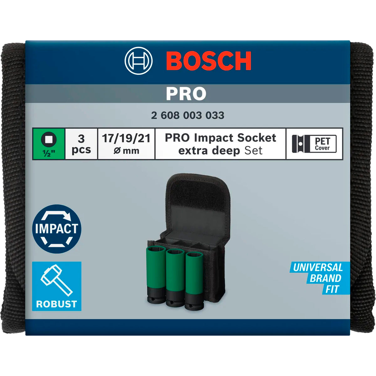 BOSCH PRO Impact Socket Set, PET Covers, 1/2", Extra-Deep, 3 pcs 2608003033