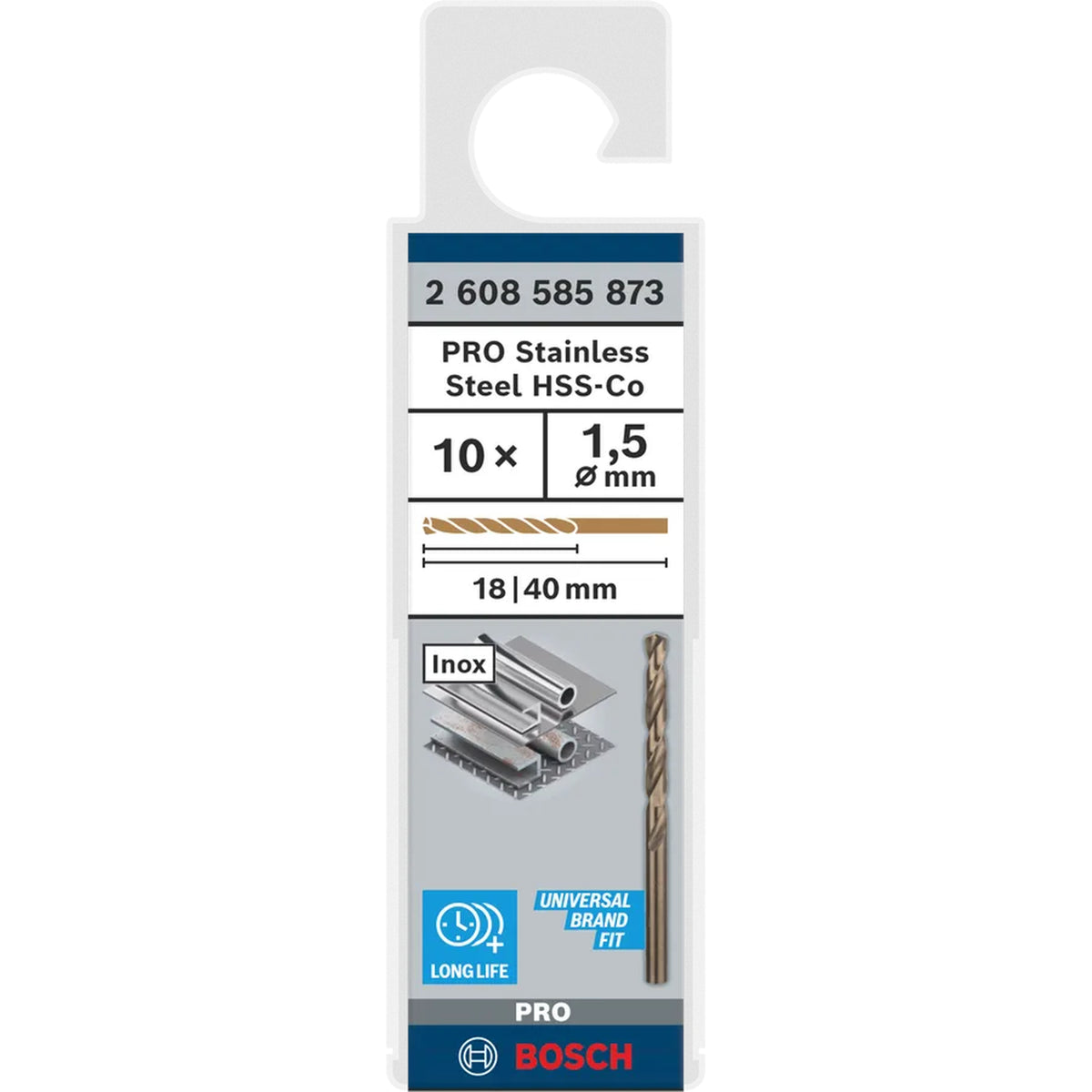 BOSCH PRO Stainless Steel HSS-Co Twist Drill Bit, 1 x 18 x 40 mm, 10 pcs 2608585873