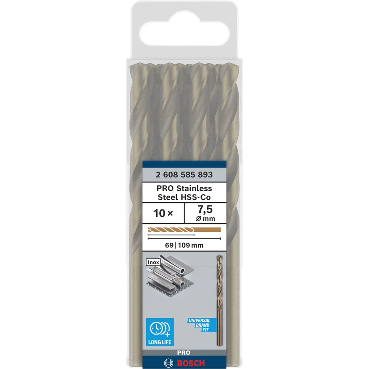 BOSCH PRO Stainless Steel HSS-Co Twist Drill Bit, 7.5 x 69 x 109 mm, 10 pcs 2608585893