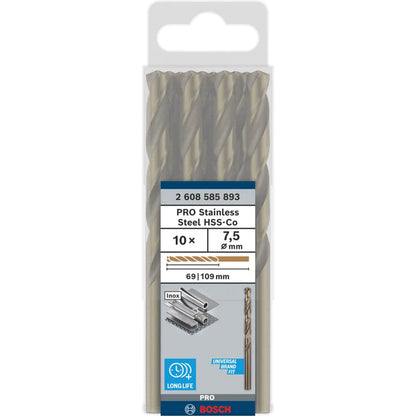 BOSCH PRO Stainless Steel HSS-Co Twist Drill Bit, 7.5 x 69 x 109 mm, 10 pcs 2608585893