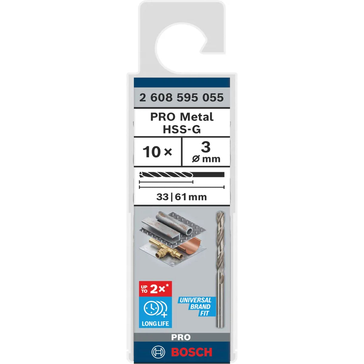 BOSCH PRO Metal HSS-G Twist Drill Bit Standard Length, 3 x 33 x 61 mm, 10 pcs 2608595055