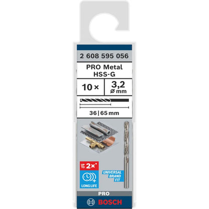BOSCH PRO Metal HSS-G Twist Drill Bit Standard Length, 3.2 x 36 x 65 mm, 10 pcs 2608595056