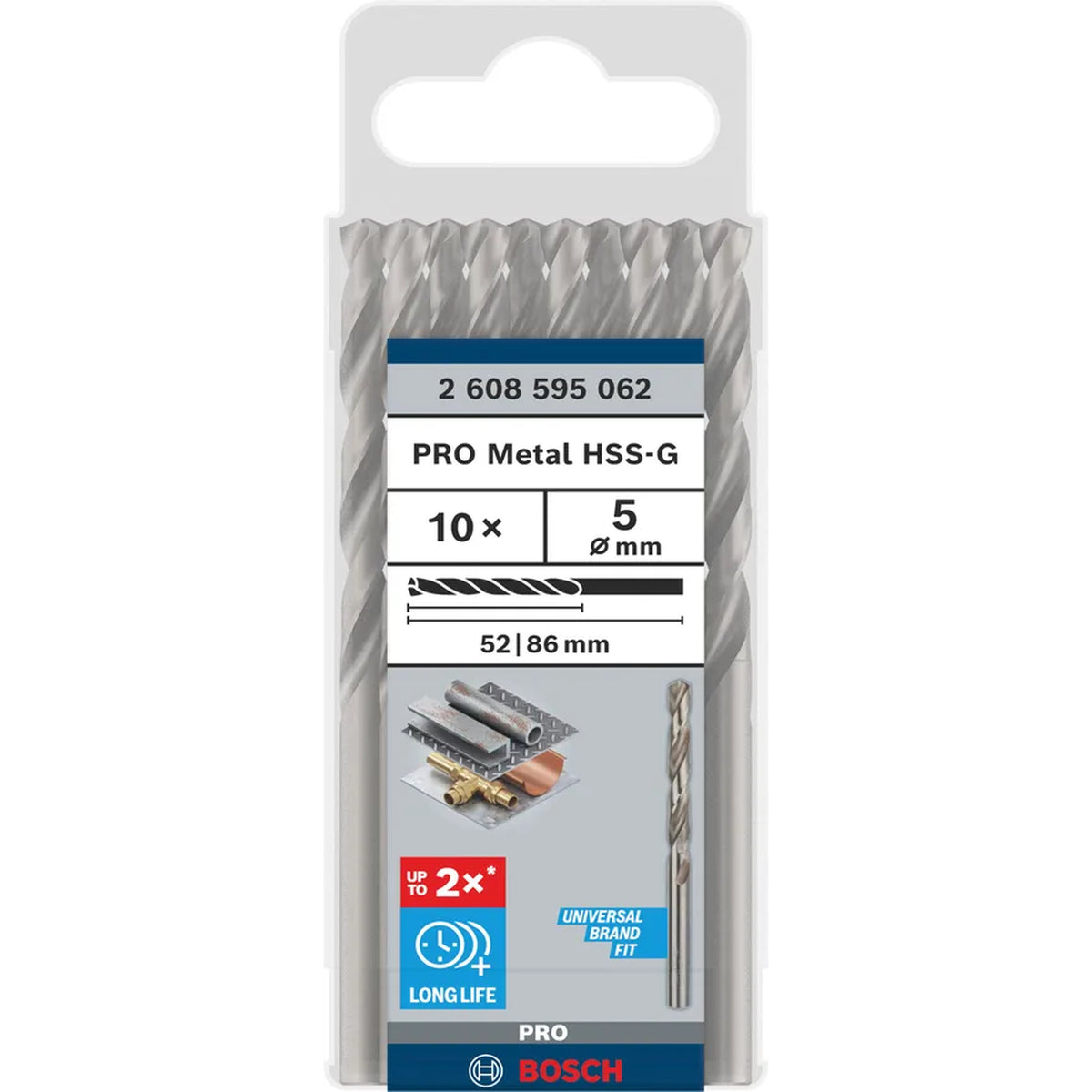 BOSCH PRO Metal HSS-G Twist Drill Bit Standard Length, 5 x 52 x 86 mm, 10 pcs 2608595062