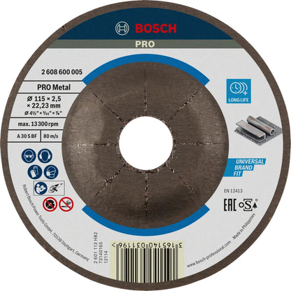 BOSCH PRO Metal Bonded Cutting Disc, 115 x 2.5 x 22.23 mm, With Depressed Centre, oSa 2608600005