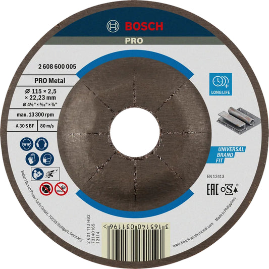 BOSCH PRO Metal Bonded Cutting Disc, 115 x 2.5 x 22.23 mm, With Depressed Centre, oSa 2608600005
