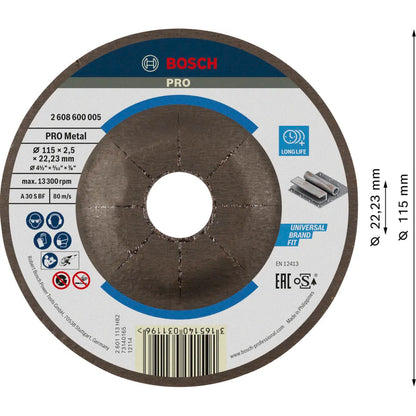 BOSCH PRO Metal Bonded Cutting Disc, 115 x 2.5 x 22.23 mm, With Depressed Centre, oSa 2608600005