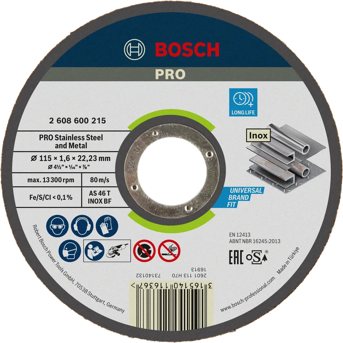 BOSCH PRO Stainless Steel and Metal Bonded Cutting Disc, 115 x 1.6 x 22.23 mm, Straight 2608600215