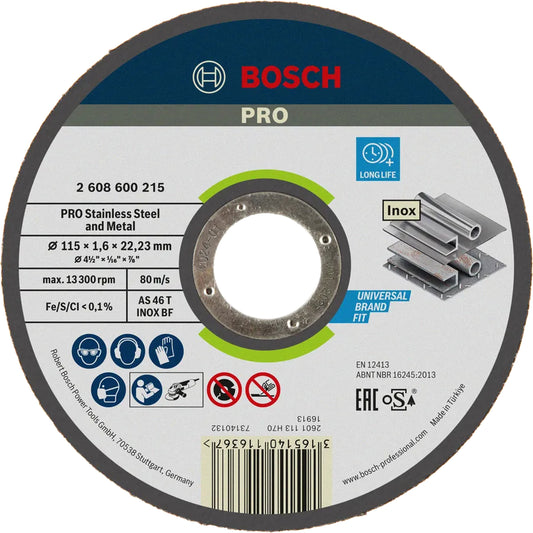 BOSCH PRO Stainless Steel and Metal Bonded Cutting Disc, 115 x 1.6 x 22.23 mm, Straight 2608600215