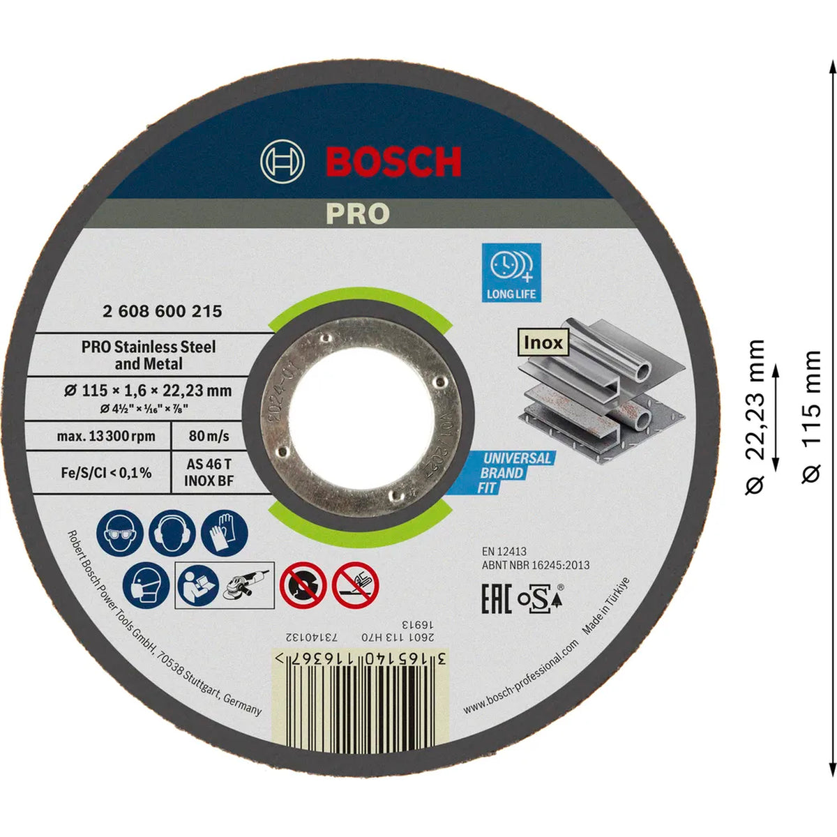 BOSCH PRO Stainless Steel and Metal Bonded Cutting Disc, 115 x 1.6 x 22.23 mm, Straight 2608600215