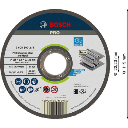 BOSCH PRO Stainless Steel and Metal Bonded Cutting Disc, 115 x 1.6 x 22.23 mm, Straight 2608600215