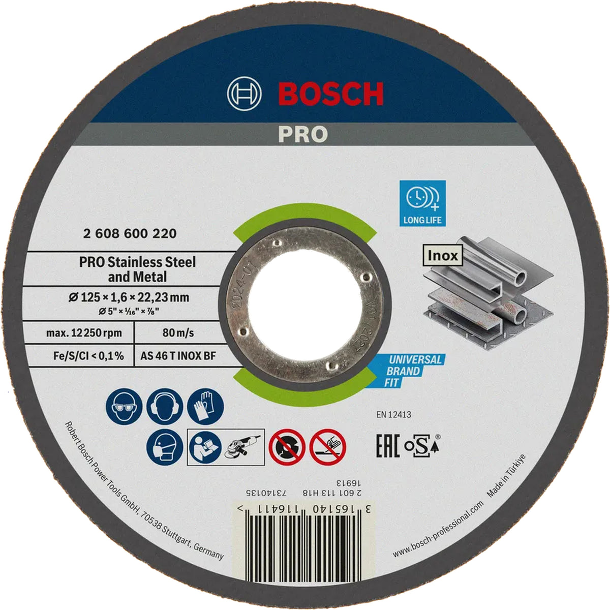 BOSCH PRO Stainless Steel and Metal Bonded Cutting Disc, 125 x 1.6 x 22.23 mm, Straight, oSa 2608600220