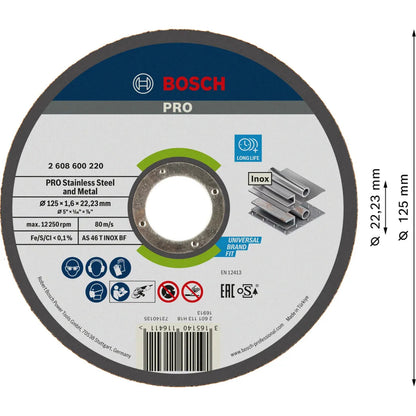 BOSCH PRO Stainless Steel and Metal Bonded Cutting Disc, 125 x 1.6 x 22.23 mm, Straight, oSa 2608600220