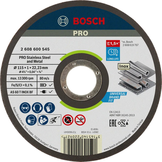BOSCH PRO Stainless Steel and Metal Bonded Cutting Disc, 115 x 1 x 22.23 mm, Straight 2608600545