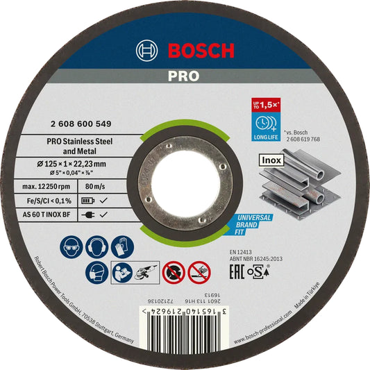 BOSCH PRO Stainless Steel and Metal Bonded Cutting Disc, 125 x 1 x 22.23 mm, Straight 2608600549