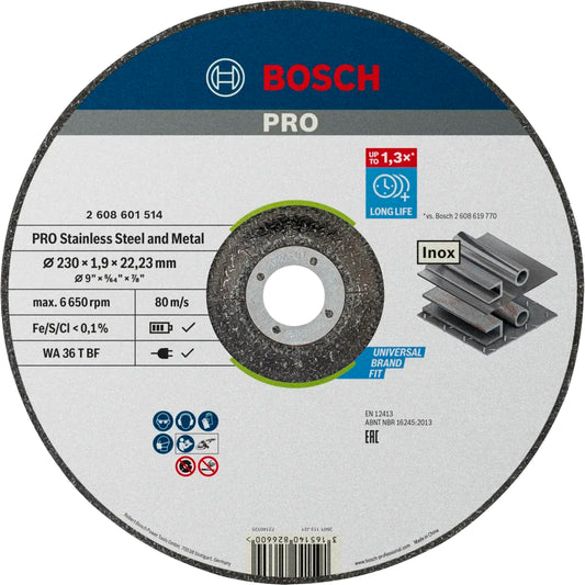 BOSCH PRO Stainless Steel and Metal Bonded Cutting Disc, 230 x 1.9 x 22.23 mm, With Depressed Centre 2608601514