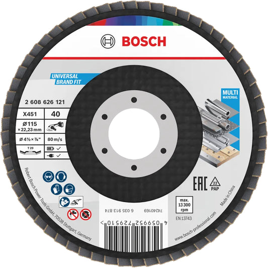 BOSCH X451 Flap Disc, 115 x 22.23 mm, G40, T29, 60 pcs 2608626121