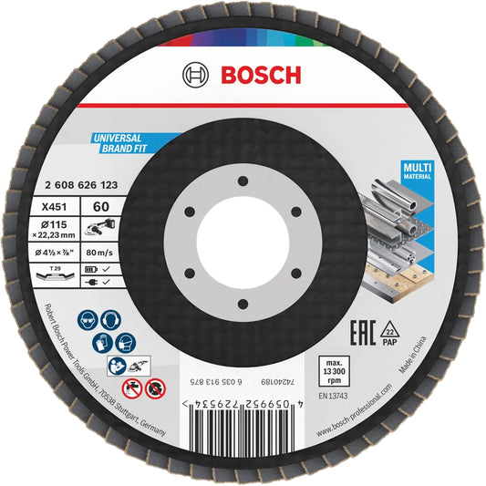 BOSCH X451 Flap Disc, 115 x 22.23 mm, G60, T29, 60 pcs 2608626123