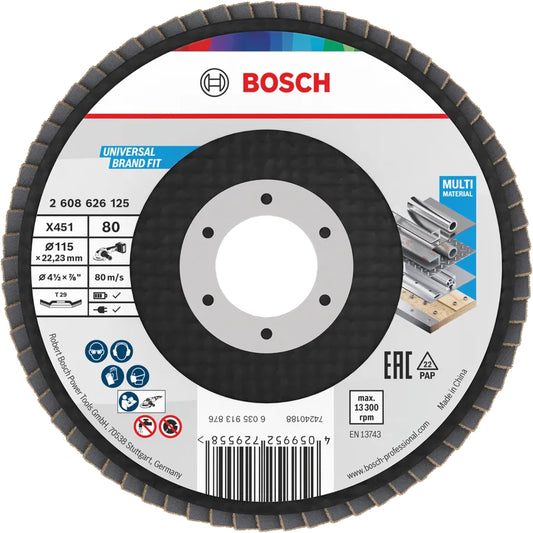 BOSCH X451 Flap Disc, 115 x 22.23 mm, G80, T29, 60 pcs 2608626125