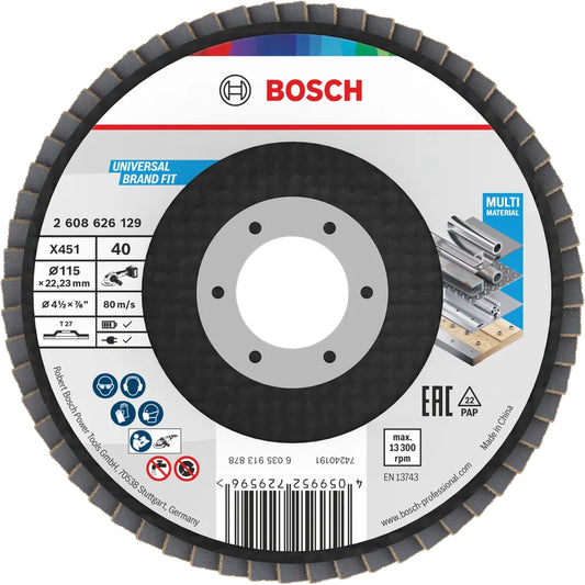 BOSCH X451 Flap Disc, 115 x 22.23 mm, G40, T27, 60 pcs 2608626129