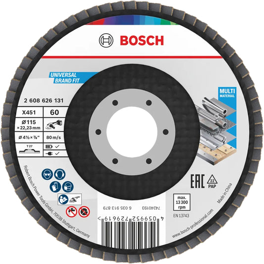 BOSCH X451 Flap Disc, 115 x 22.23 mm, G60, T27, 60 pcs 2608626131