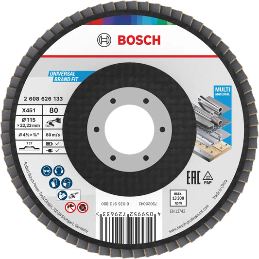 BOSCH X451 Flap Disc, 115 x 22.23 mm, G80, T27, 60 pcs 2608626133