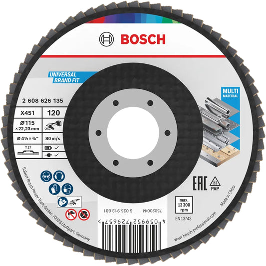 BOSCH X451 Flap Disc, 115 x 22.23 mm, G120, T27, 60 pcs 2608626135