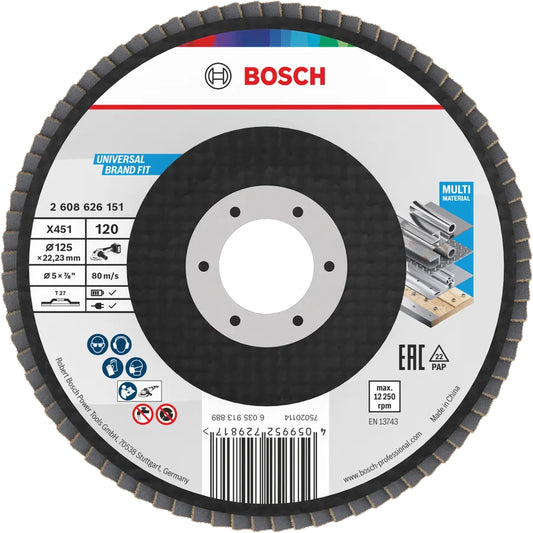 BOSCH X451 Flap Disc, 125 x 22.23 mm, G120, T27, 60 pcs 2608626151