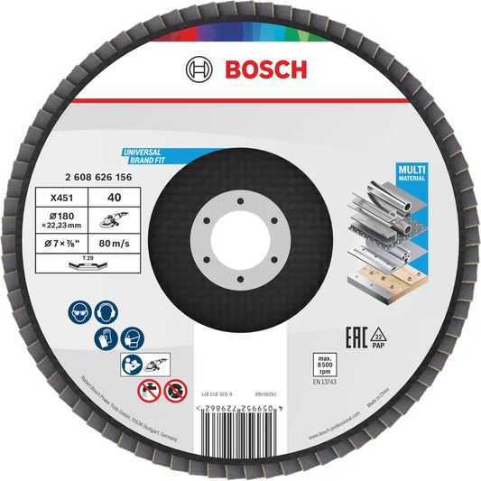 BOSCH X451 Flap Disc, 180 x 22.23 mm, G40, T29, 15 pcs 2608626156