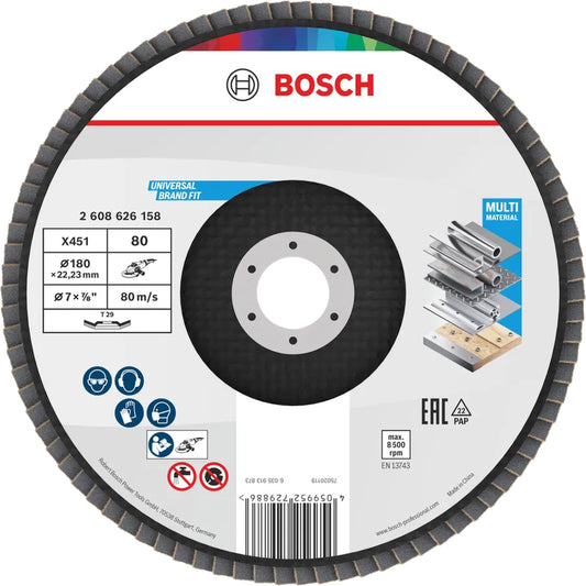 BOSCH X451 Flap Disc, 180 x 22.23 mm, G80, T29, 15 pcs 2608626158