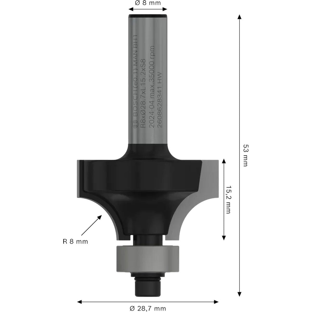 BOSCH PRO Router Bit Rounding Over, R 8, Shank 8 mm 2608628341