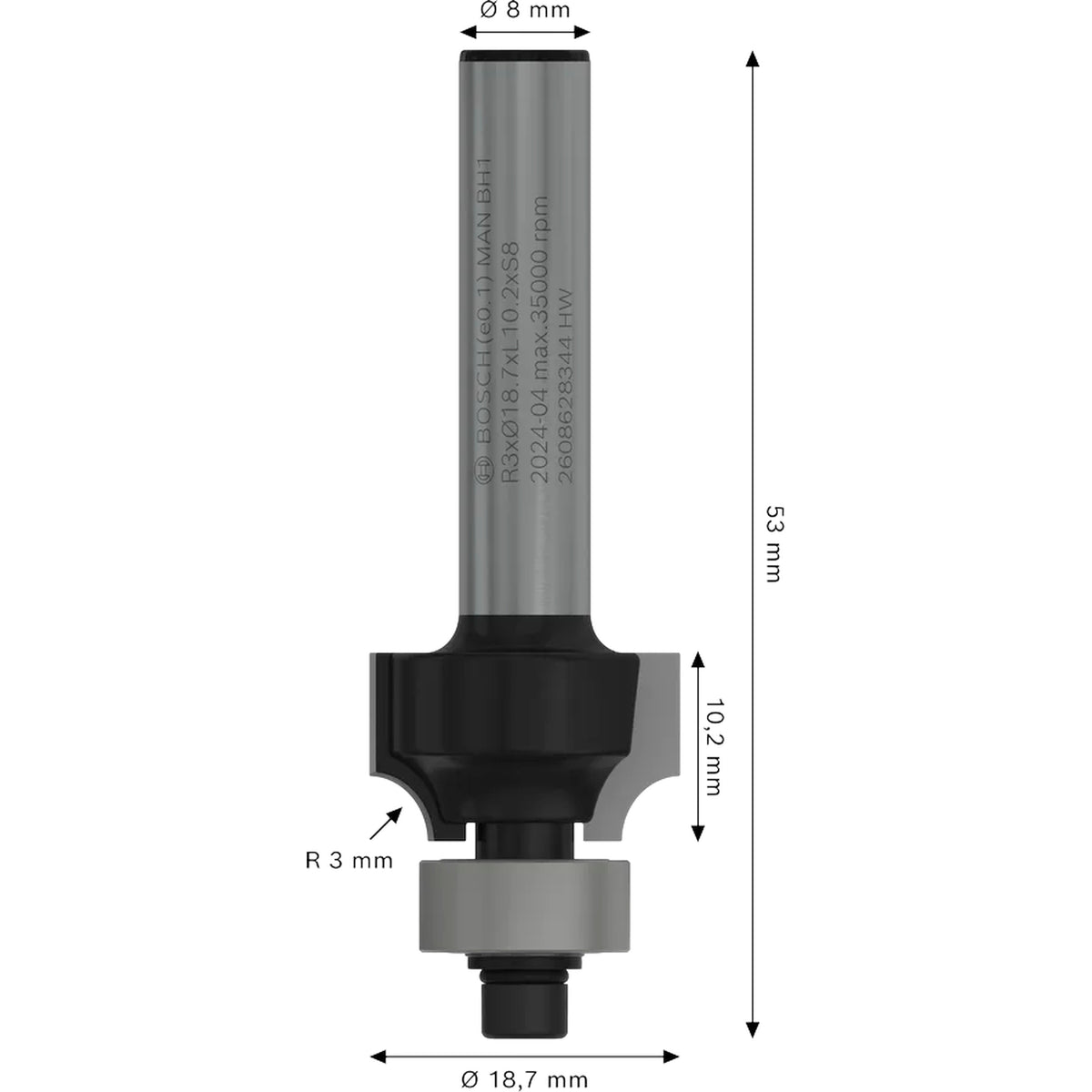 BOSCH PRO Router Bit Rounding Over, R 3, Shank 8 mm 2608628344