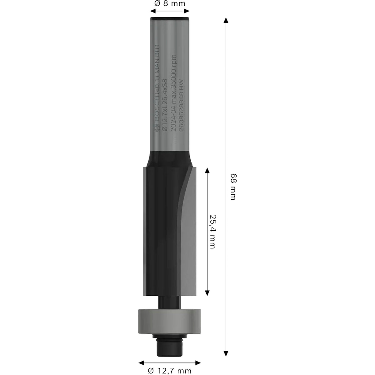 BOSCH PRO Router Bit Bottom Bearing Flush Trim, Ø 12.7 x L 25.4, Shank 8 mm 2608628348