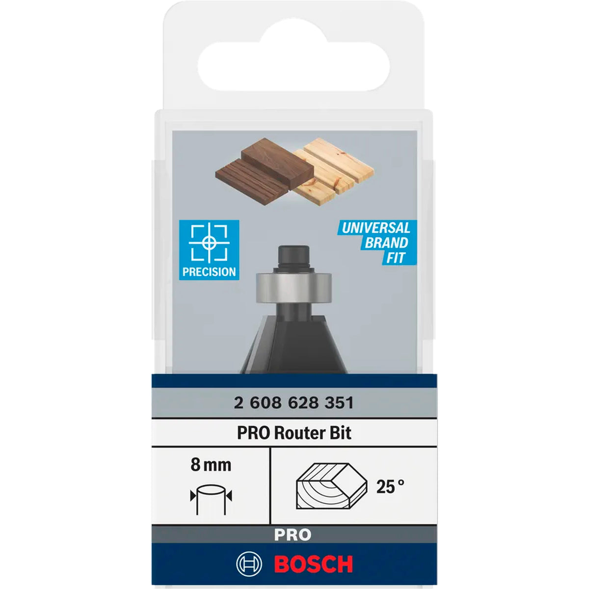 BOSCH PRO Router Bit Chamfer, 25°, Shank 8 mm 2608628351