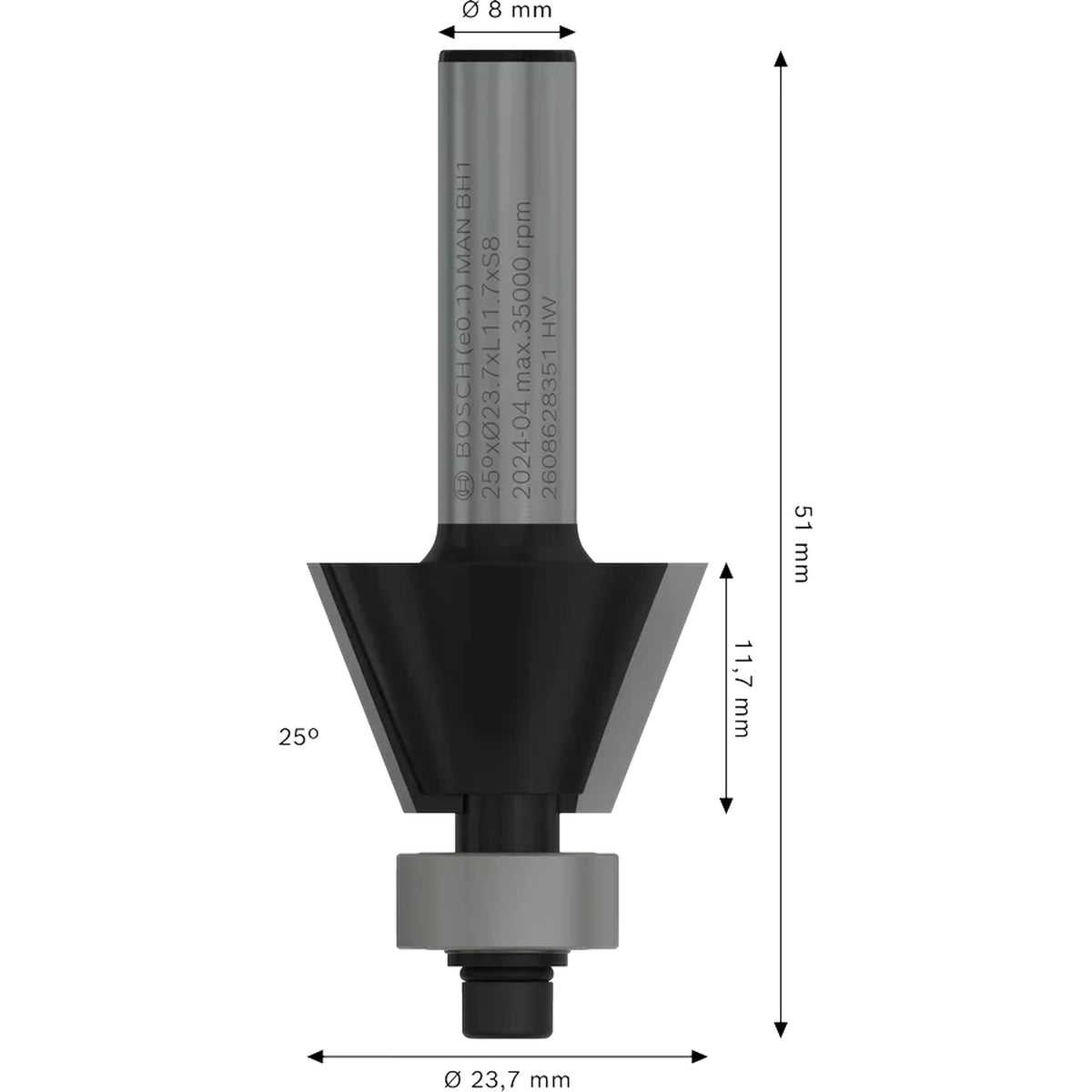 BOSCH PRO Router Bit Chamfer, 25°, Shank 8 mm 2608628351