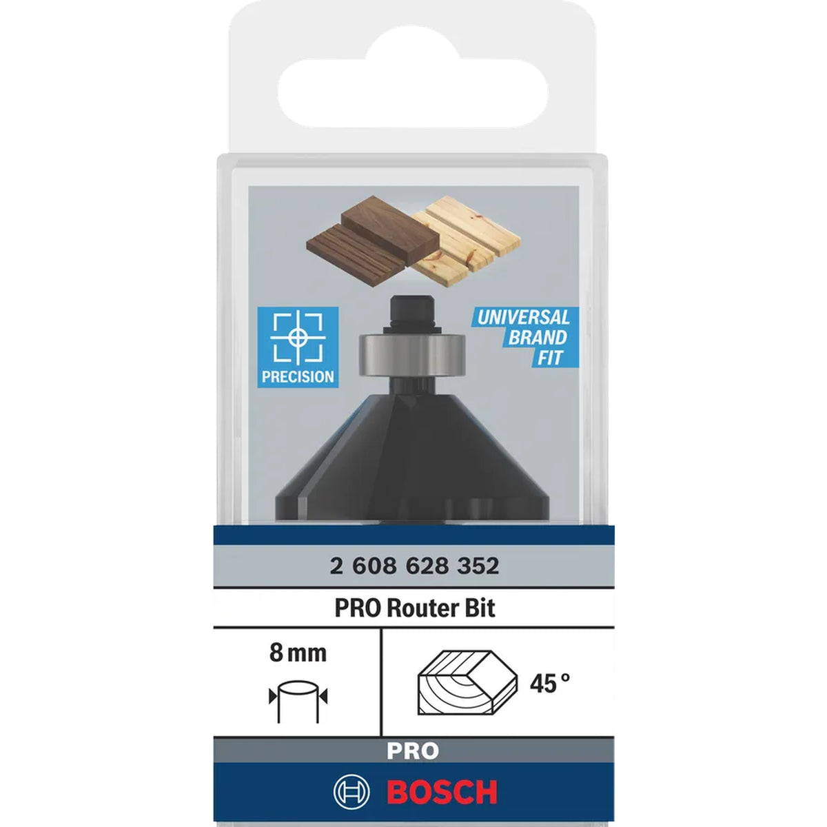 BOSCH PRO Router Bit Chamfer, 45°, Shank 8 mm 2608628352