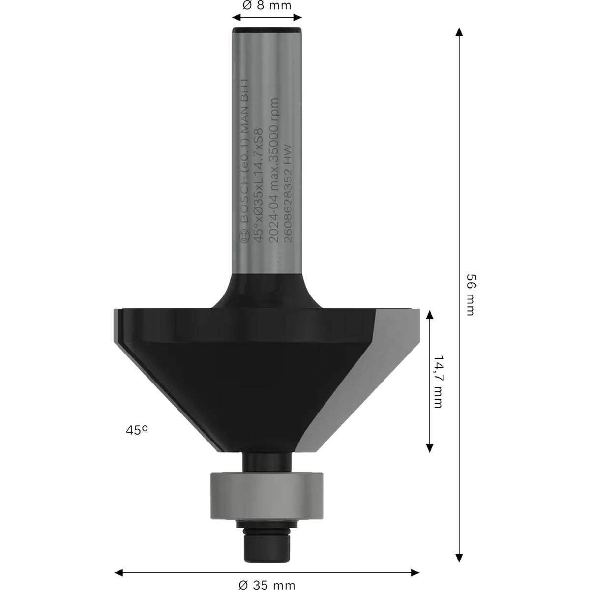 BOSCH PRO Router Bit Chamfer, 45°, Shank 8 mm 2608628352